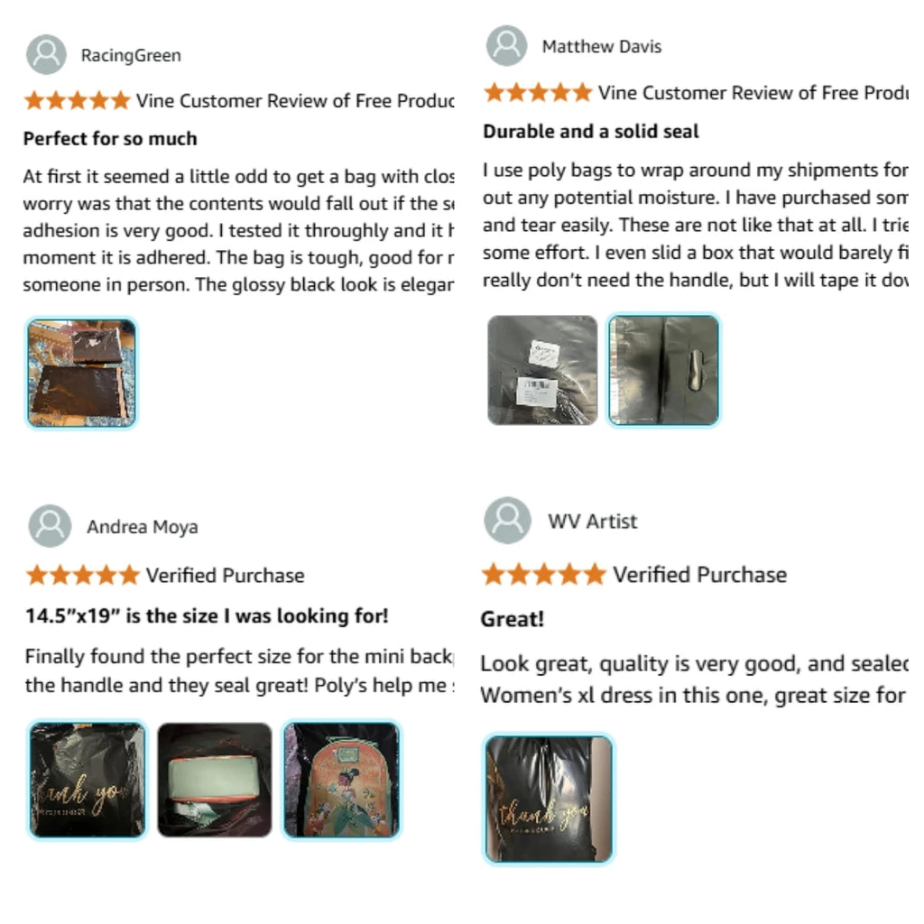 Black 'thank you' mailer bags shown in customer review photos