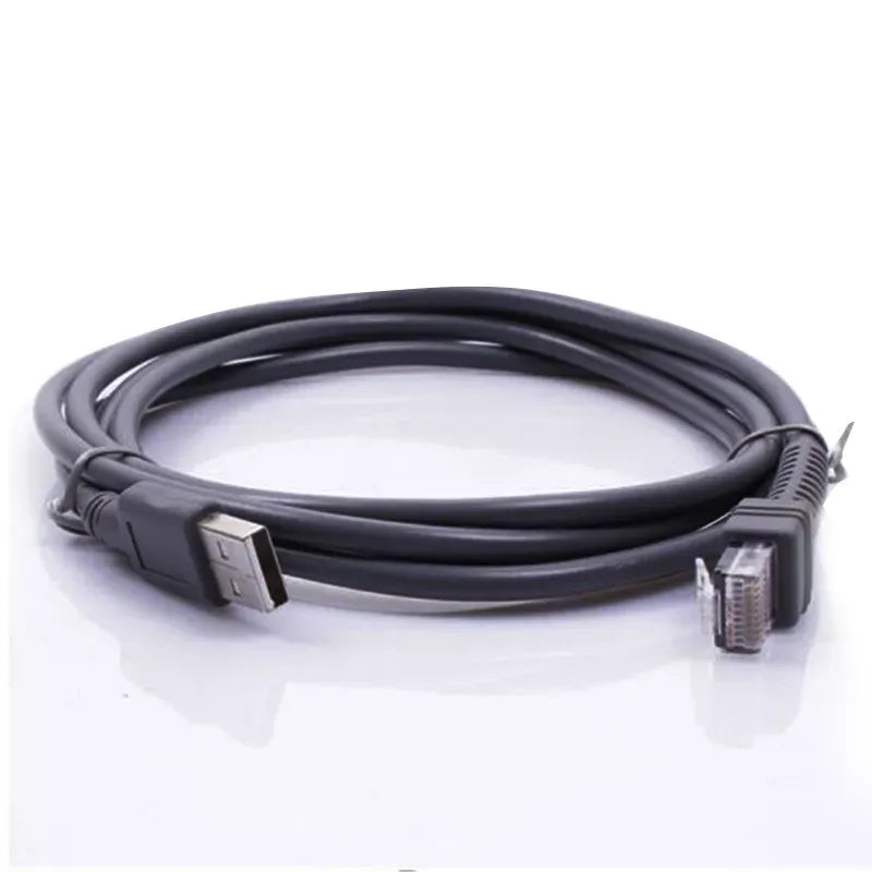 Coiled gray barcode scanner USB cable with USB-A and RJ45 connectors.