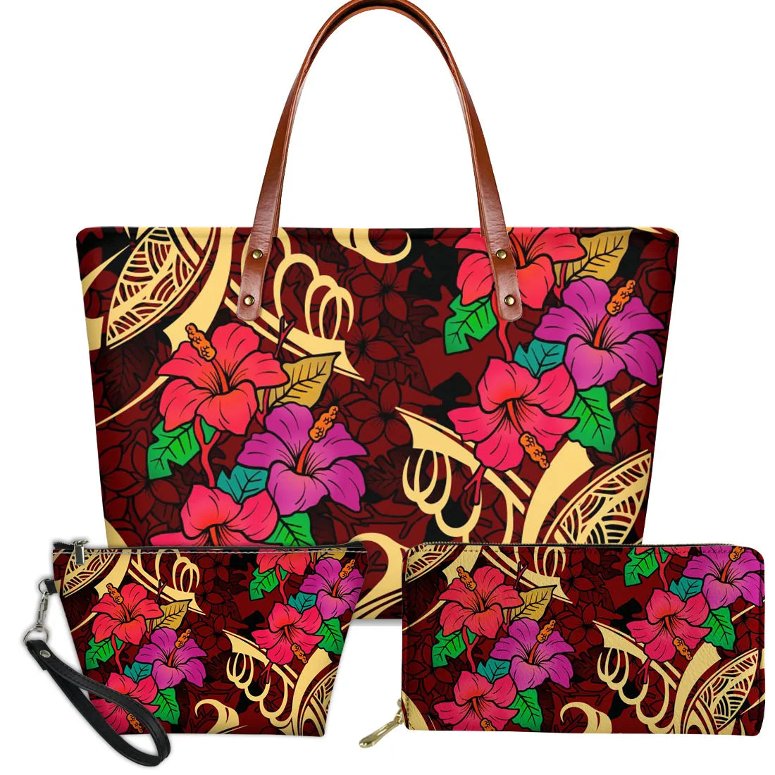 3-piece handbag set with Polynesian tribal turtle patterns and red, pink, and purple hibiscus floral prints.