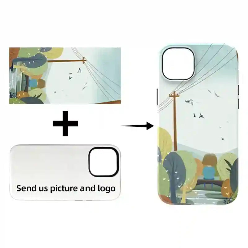 Custom phone case featuring a landscape illustration of a person sitting by trees, power lines, and birds.