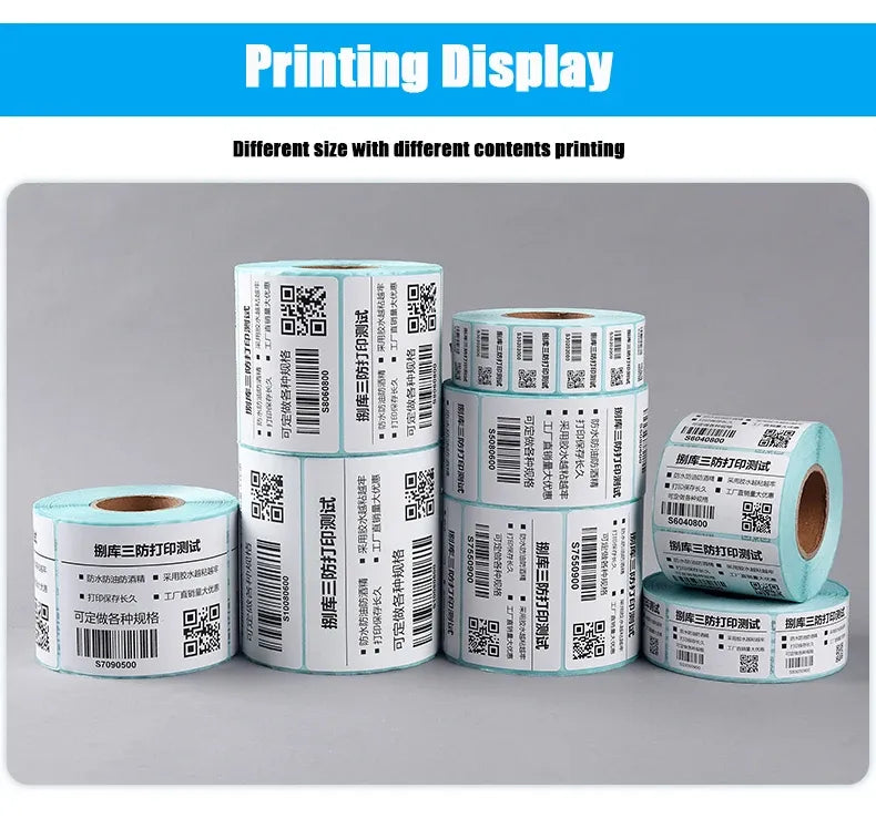 Rolls of thermal barcode labels with printed codes on white labels and light blue edges