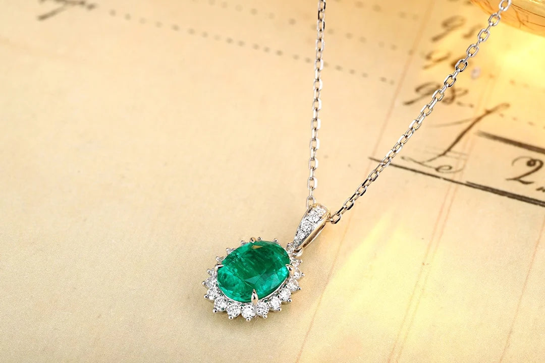 Lanphear PT950 Luxury Pendant Oval Lab Grown Emerald Fashion Jewelry Necklace Lab Grown Diamond Fine Necklaces