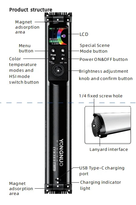 Black tubular LED light wand with an LCD screen, control buttons, brightness knob, magnets, and tripod screw hole.