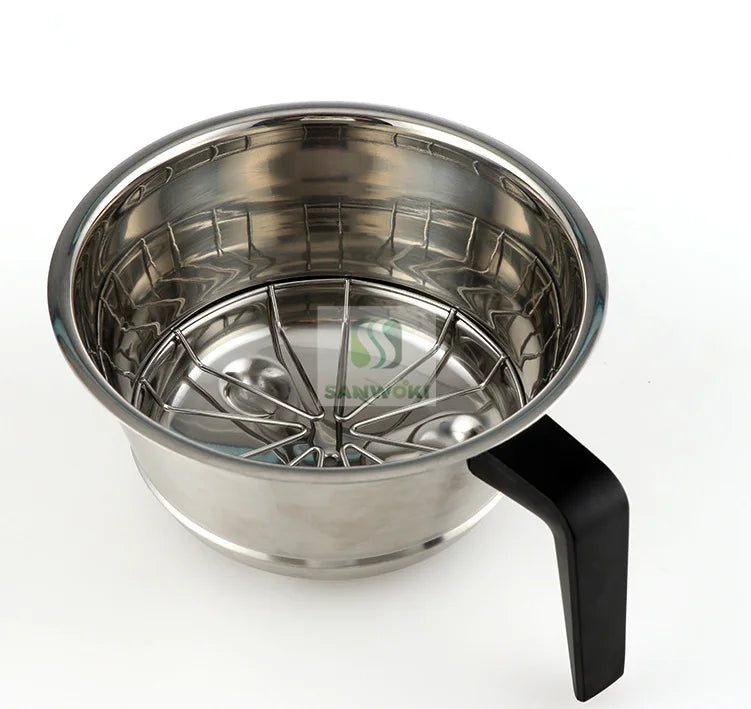 Sanwoki stainless steel coffee dripper with mesh filter and black side handle for pour-over brewing.