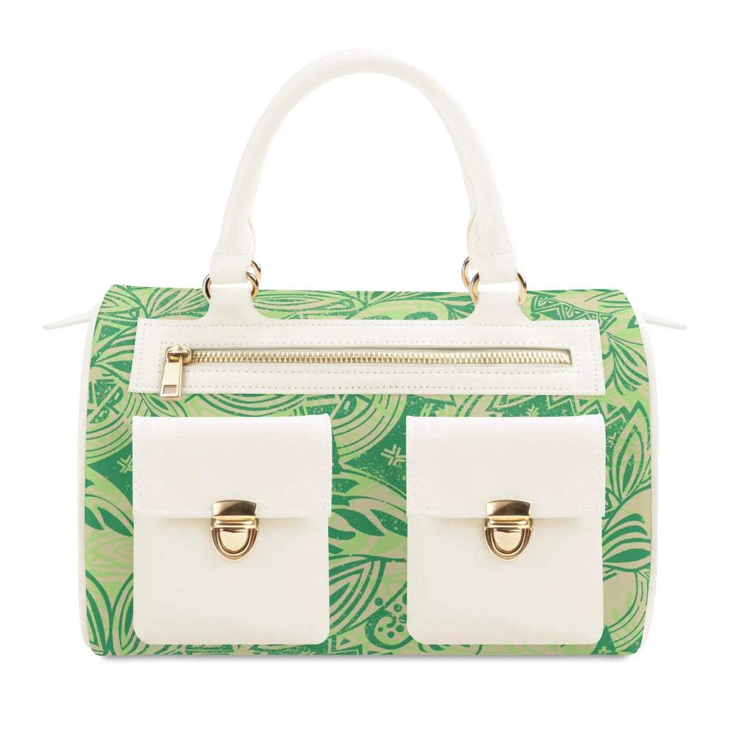 Green patterned PU leather designer tote bag with white pockets, gold zippers, and top handles.