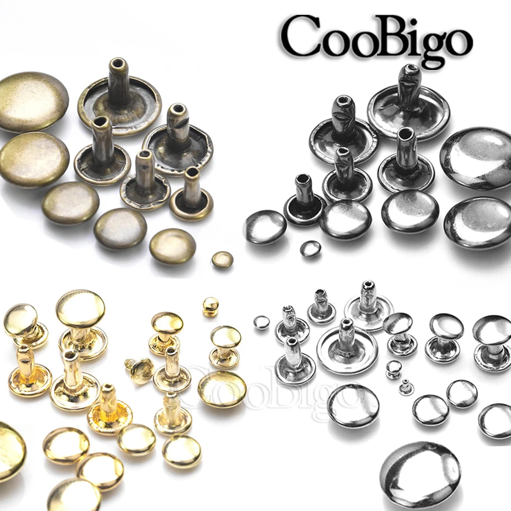 8x8mm metal double cap rivets for pet collars, leather crafts, and clothing. Durable round studs in gold and silver.