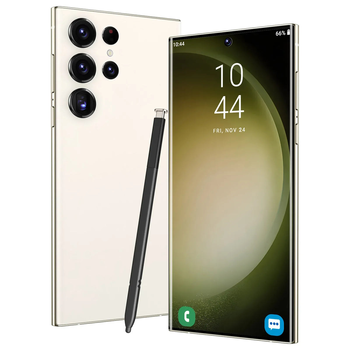 White smartphone front and back view with quad rear cameras, with stylus