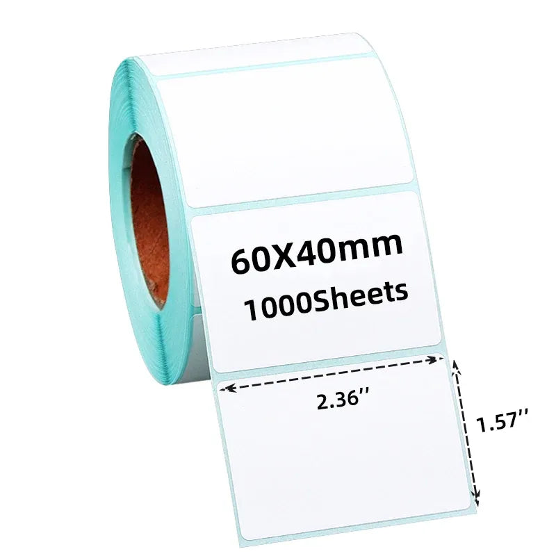 White thermal label roll, 60x40mm, 1000 sheets per roll, adhesive backing