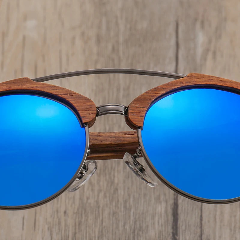 2022 Wholesale Custom Sunglasses Logo Dark Walnut Wood Men's Sunglasses Double Bridge Wooden Polarized Sunglasses for Men Women
