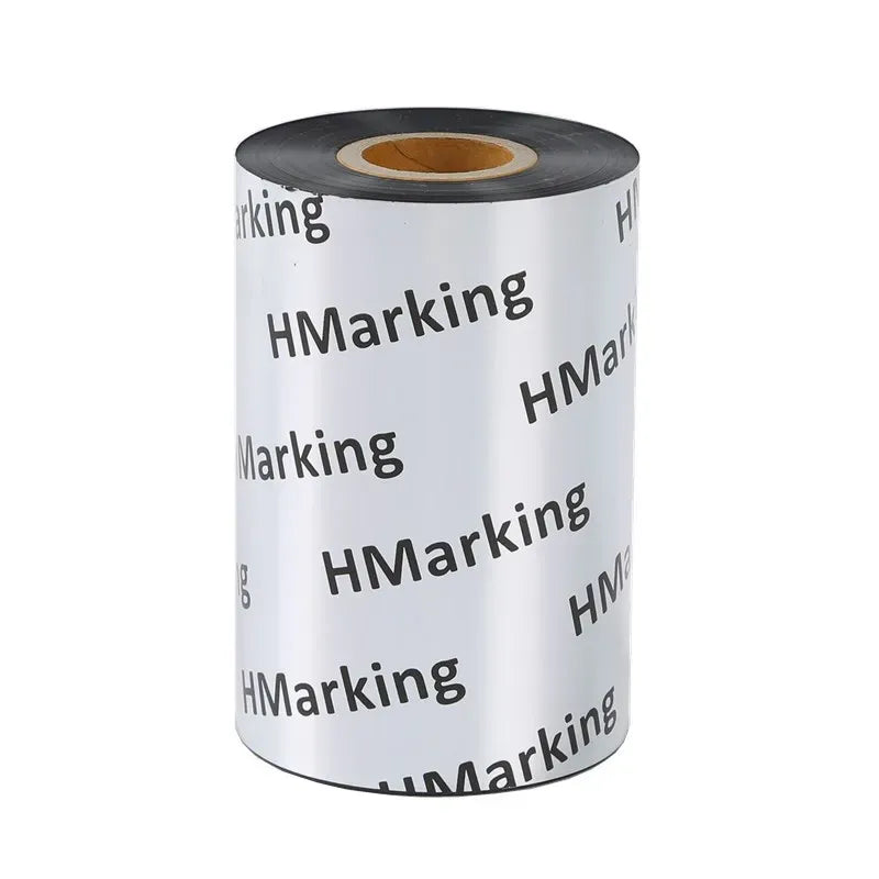 Printed adhesive tape roll with white outer layer and visible cardboard core