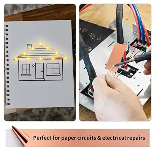 Copper foil tape applied to a paper circuit design in a notebook page