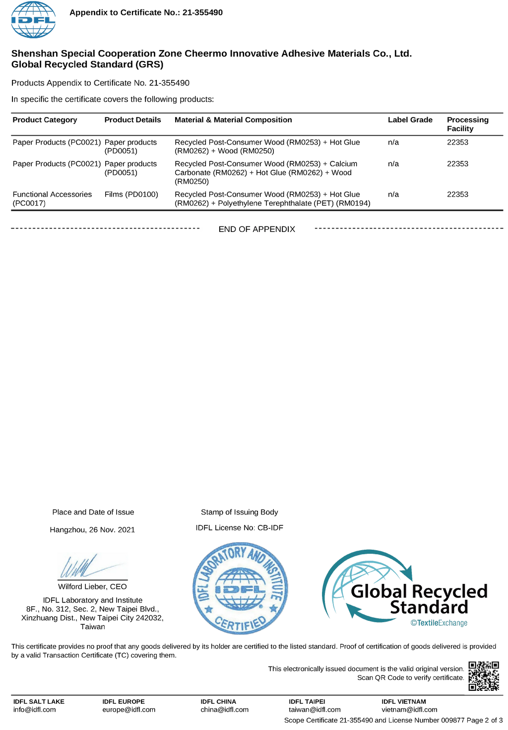Completed end-of-appendix page with signatures, seals, and QR code