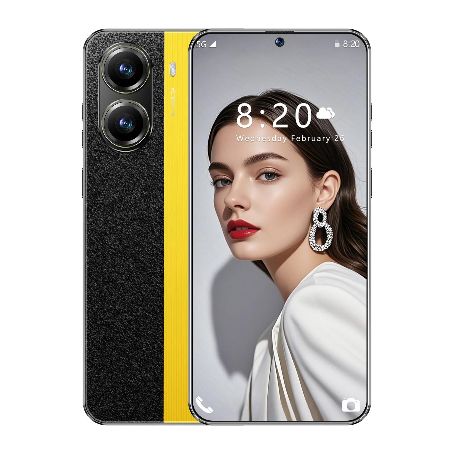 Yellow and black smartphone with dual rear cameras and woman portrait on screen