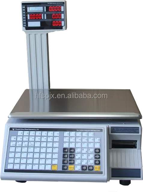 White wireless scale labeler with keypad, red display, and metal weighing platform