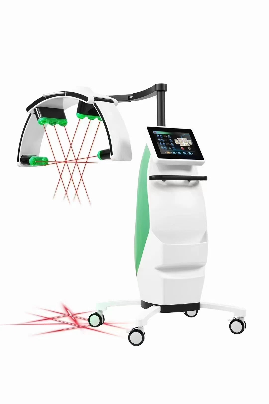 Standing LLLT fat burning machine with touchscreen, white and green design, emitting red lasers for body slimming.