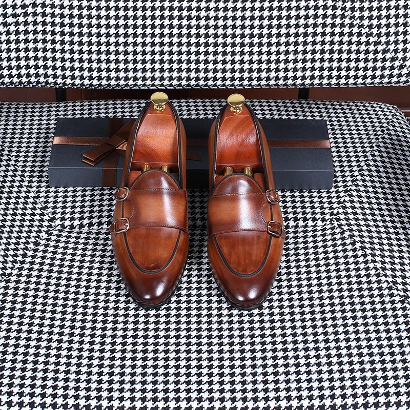 Isirhonour Hand-painted Patina Leather Loafers Mens Slip on Tassel Moccasins Italian Apron Toe Dress Shoes for Formal Party