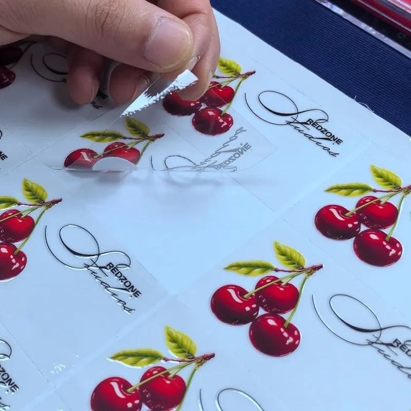 Waterproof die-cut vinyl cherry stickers with transfer tape, glossy red fruit and script