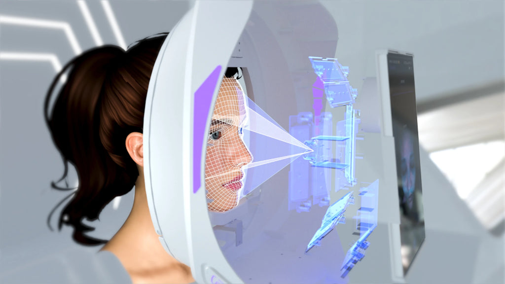 Smart facial skin detection and analysis beauty instrument performing a 3D anti-aging scan on a woman's face.