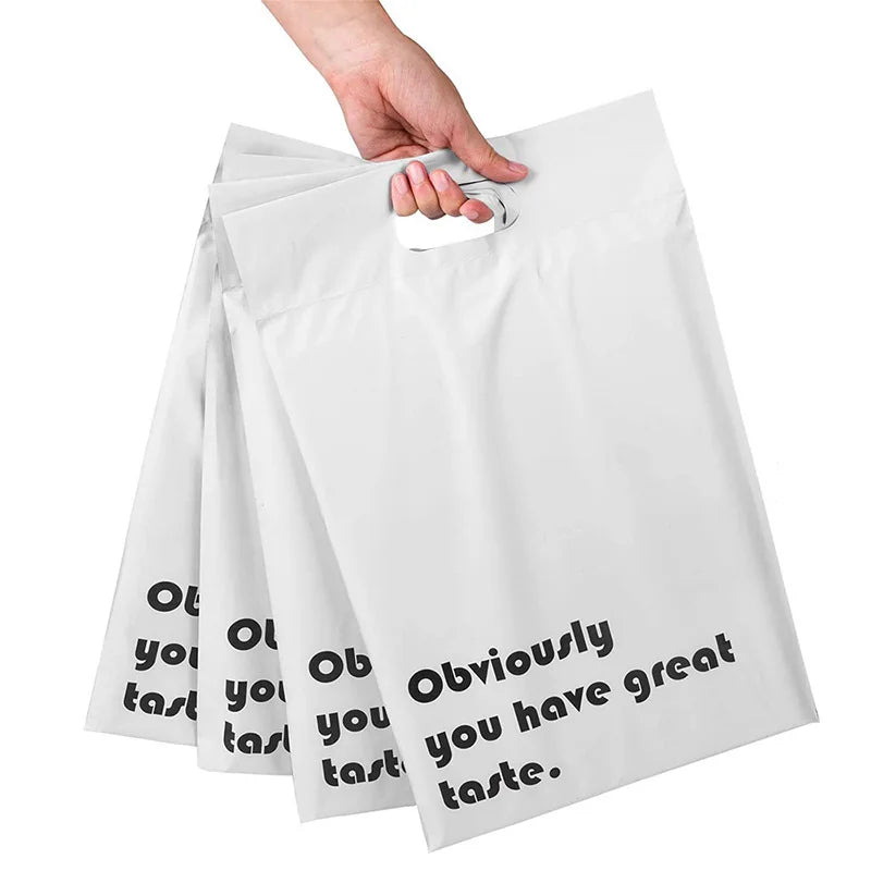 White plastic poly mailer bag with black logo text, fold-over handle opening