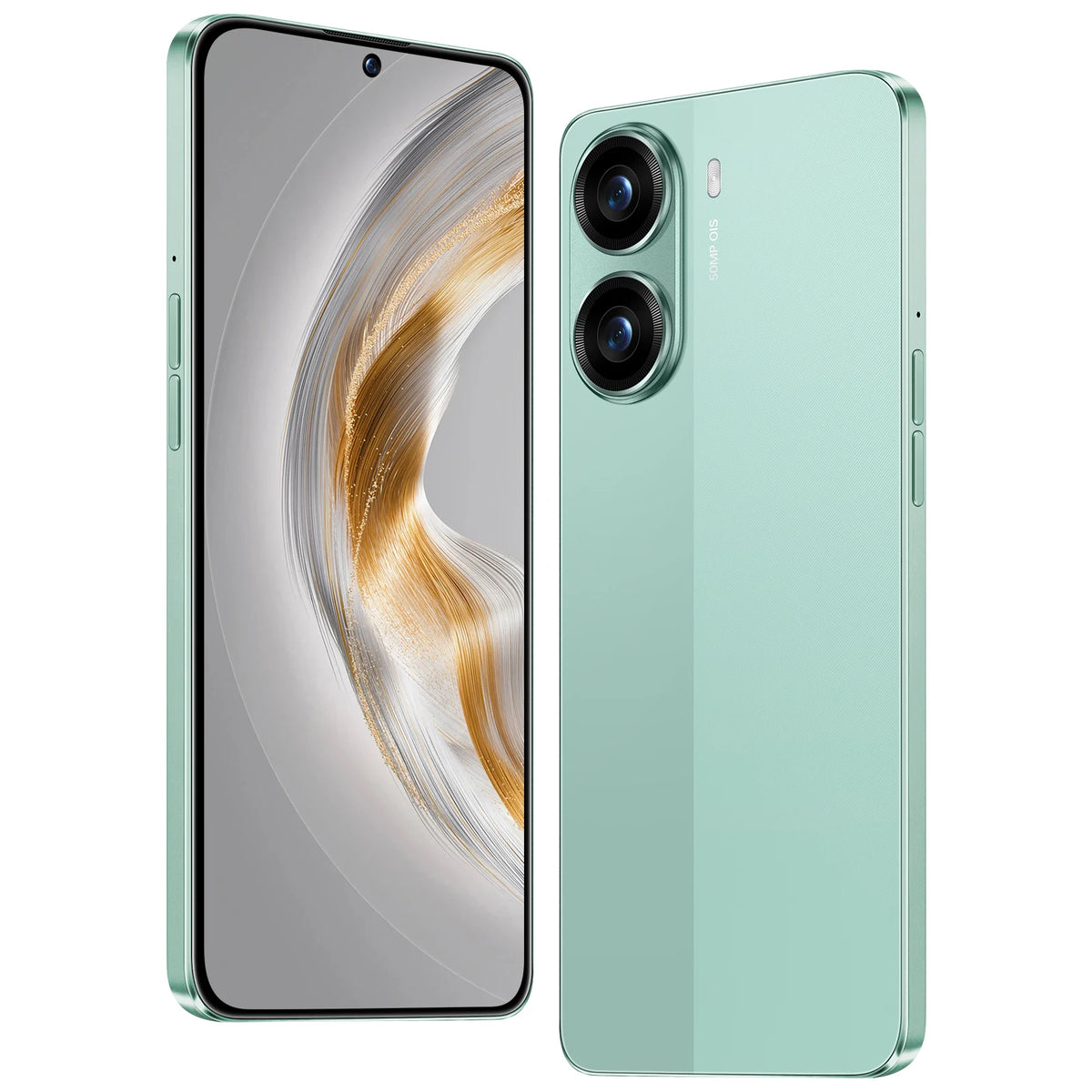 Mint green smartphone with dual rear cameras, front and back views