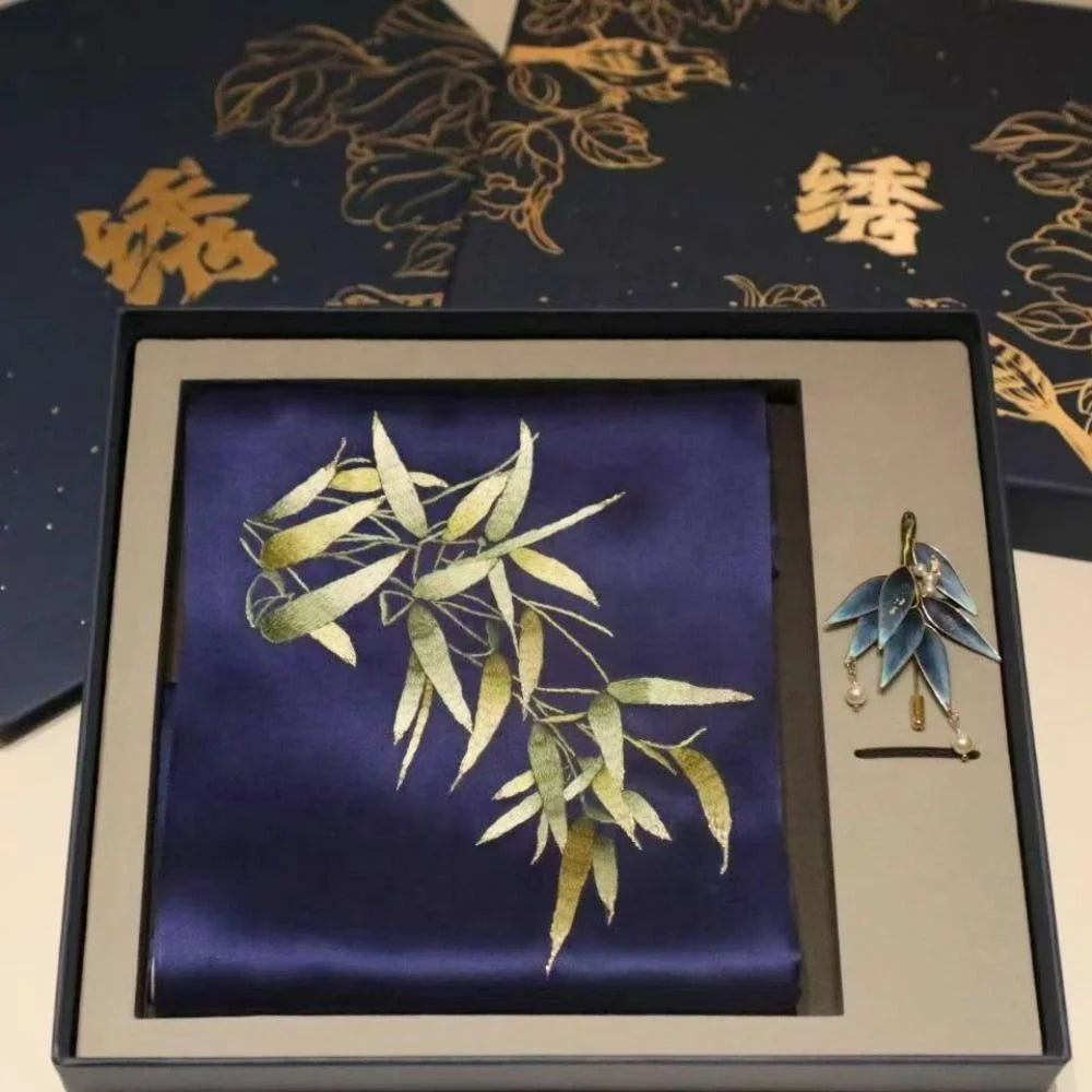 Handmade Su Embroidery Scarf & Stylish Brooch Box Set
