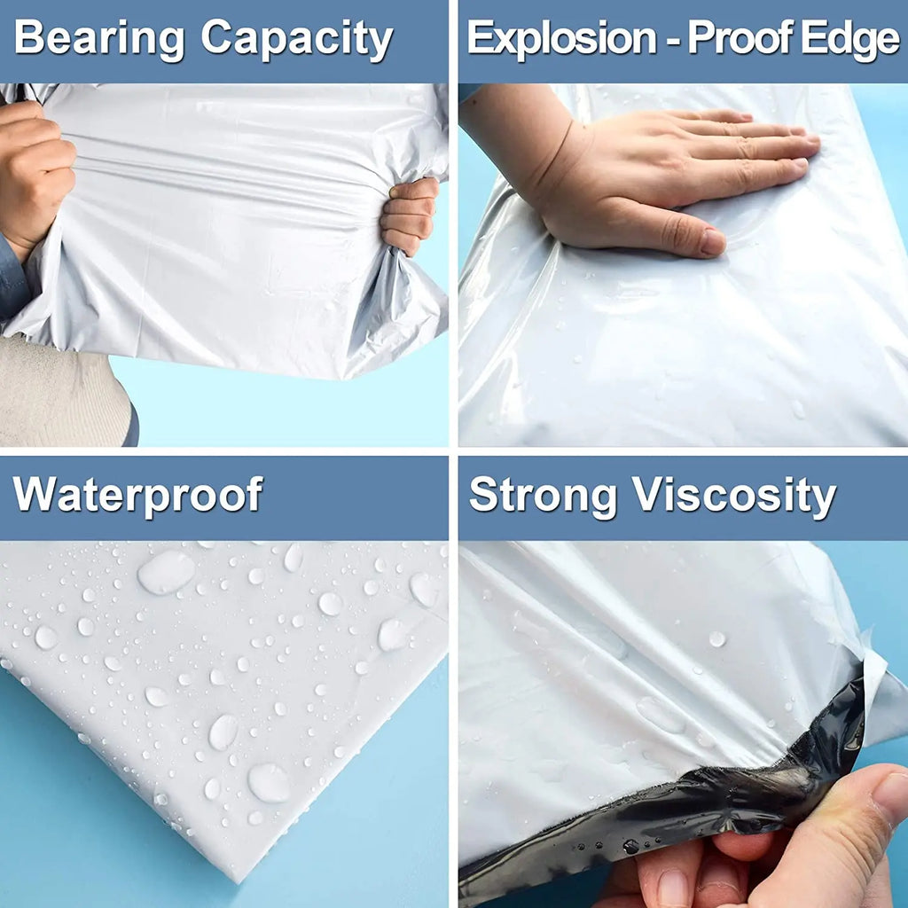 White waterproof poly mailer close-up with tear-resistant sealed edge and water droplets