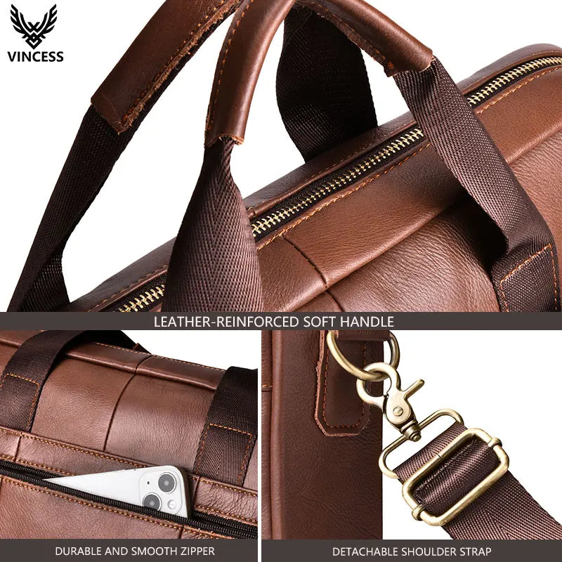 VINCESS brown leather business briefcase with reinforced handles, smooth zipper, and detachable shoulder strap.
