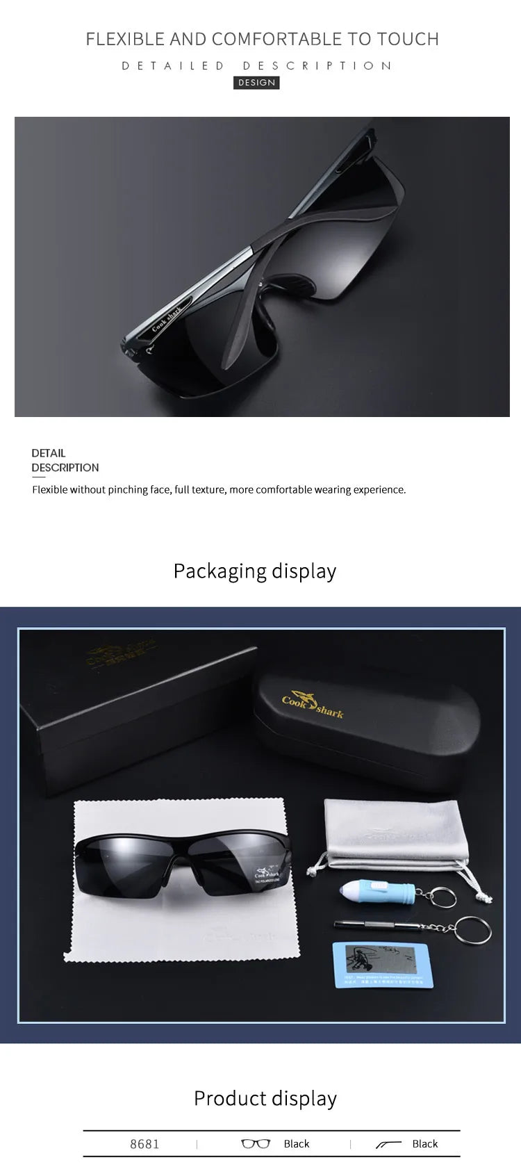 Black polarized sunglasses with flexible frames, shown with a storage case, cleaning cloth, and accessories.