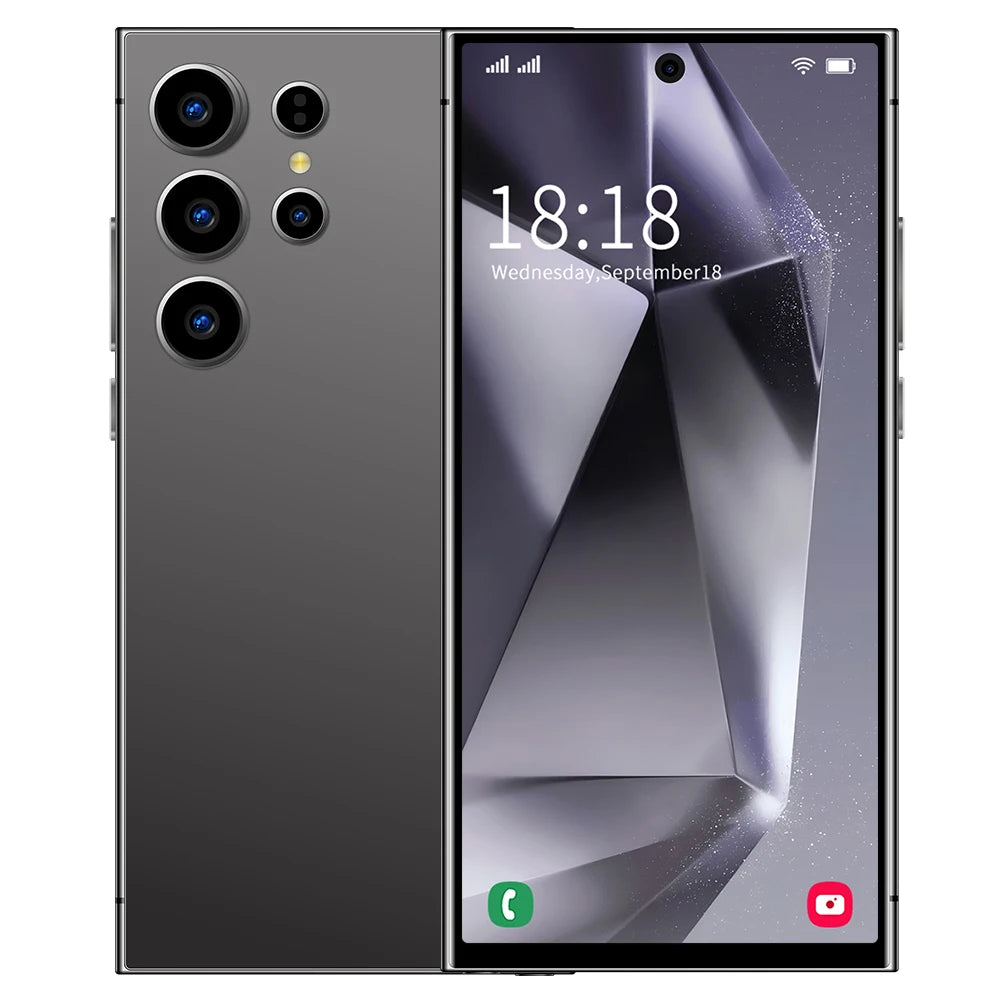 Gray smartphone front and back view with quad rear cameras and touchscreen