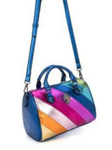 Kurt Geiger multicolored metallic stripe trunk bag with crystal eagle head emblem and blue top handle and shoulder strap.