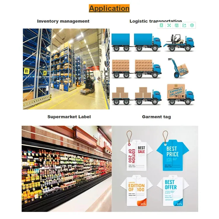 Thermal transfer ribbon jumbo roll application page with logistics images and label examples