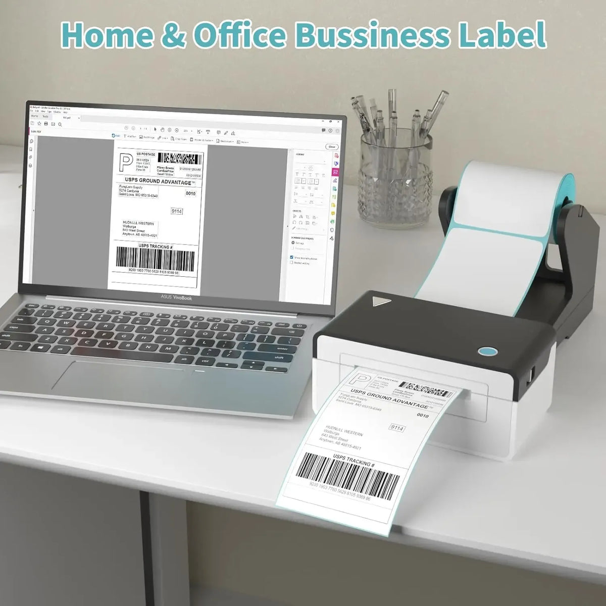 White direct thermal labels feeding from a roll into a label printer