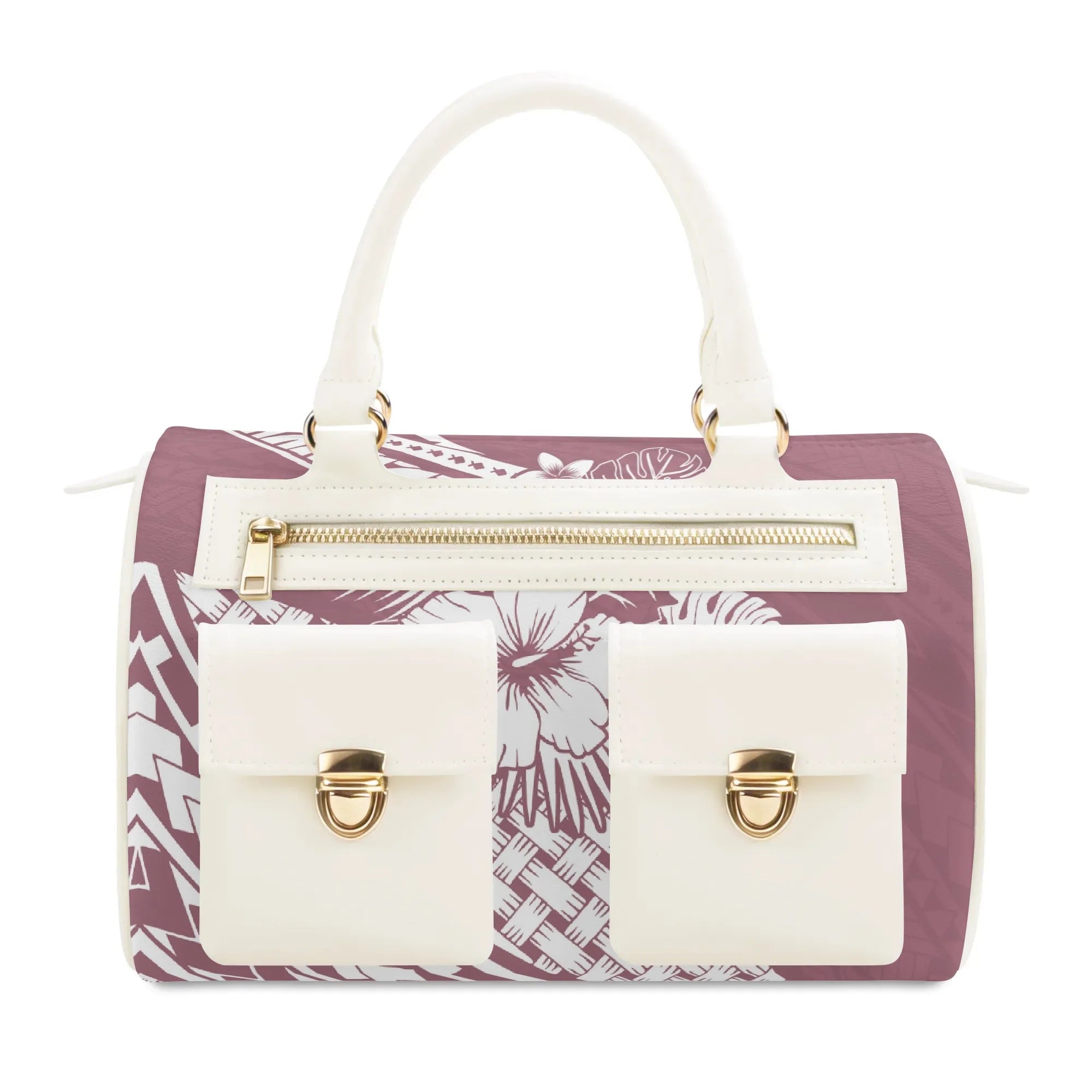 Dusty rose and white PU leather designer tote with floral Polynesian pattern, gold zippers, and double front pockets.