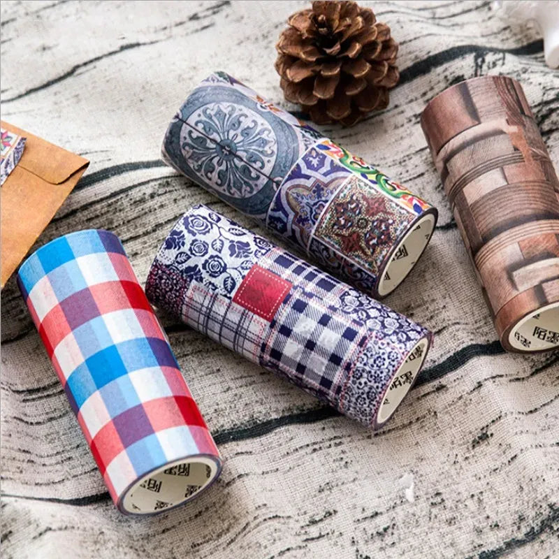 Decorative masking tape roll with red, light-blue, and white plaid pattern