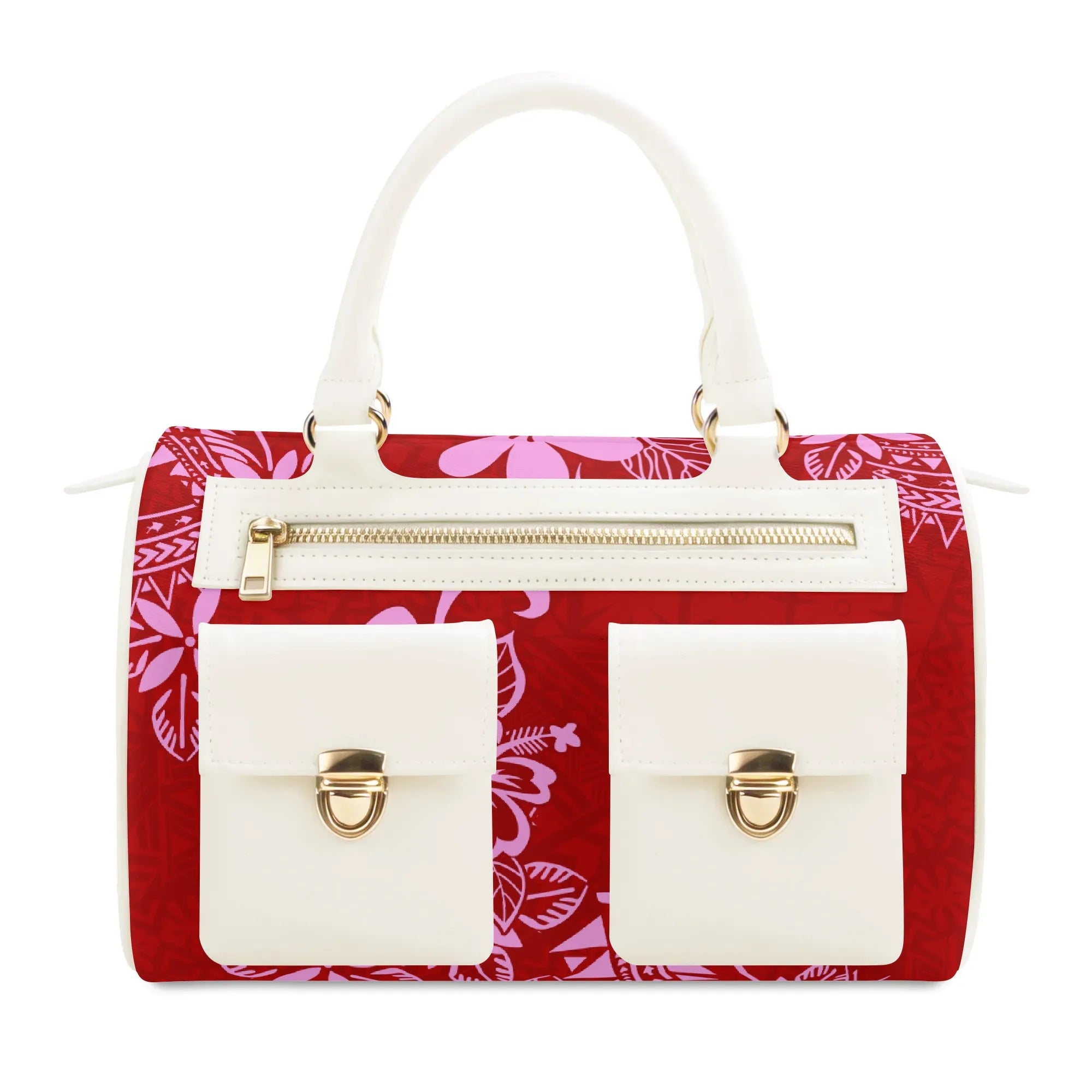 Red and pink floral PU leather designer tote bag with white pockets, gold zippers, and double handles.