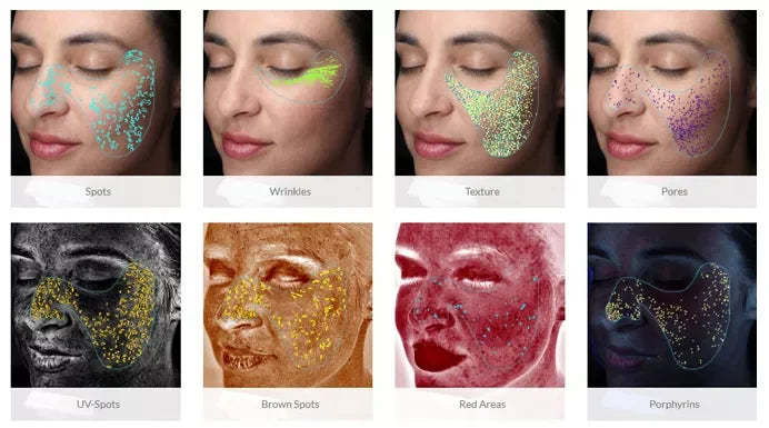 2025 Magic Mirror 3D digital facial skin analyzer showing AI diagnostic mapping of spots, wrinkles, pores, and texture.