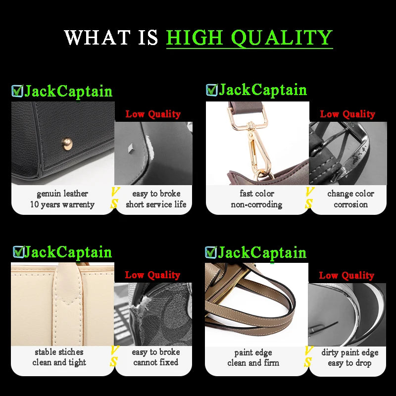 JackCaptain designer leather tote comparison showing high-quality waterproof material, durable stitching, and gold hardware.