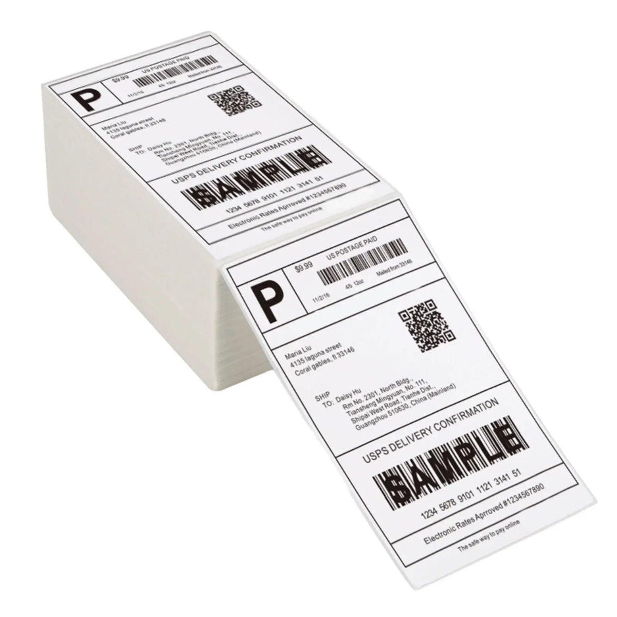Two white direct thermal label stickers with barcodes and delivery confirmation text