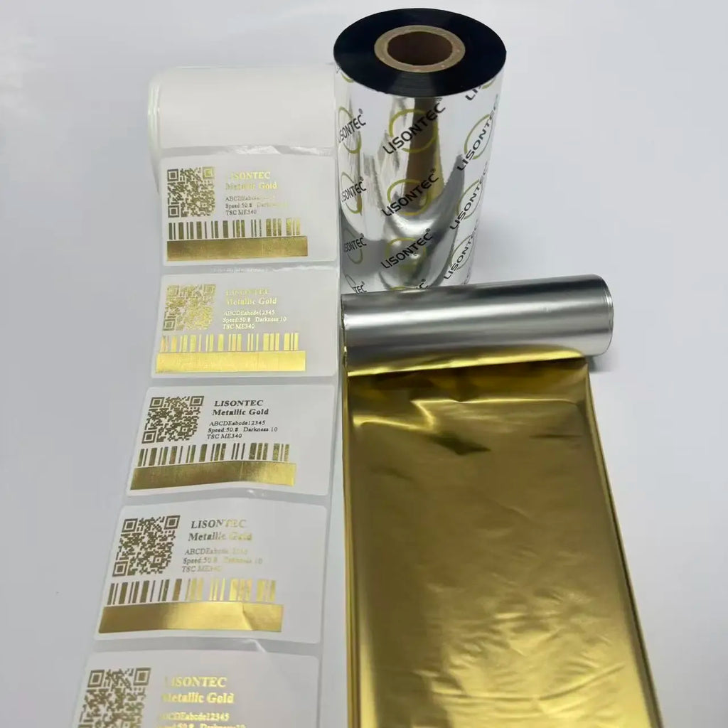 Metallic gold thermal transfer ribbon roll with empty center core and barcode label cards