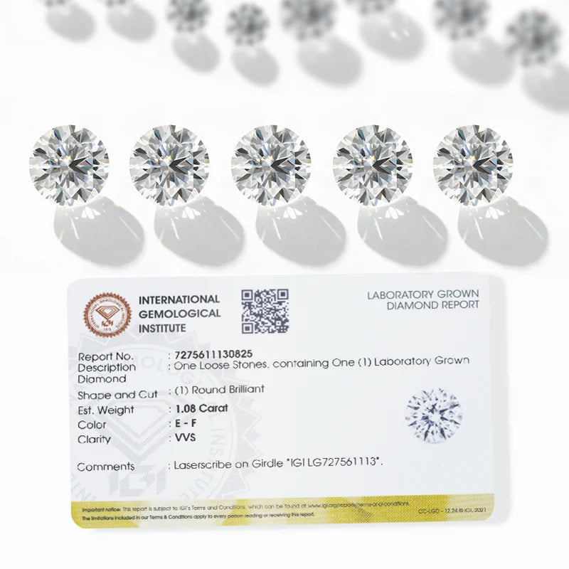 Loose round lab-grown brilliant diamond with certificate report, bright icy white