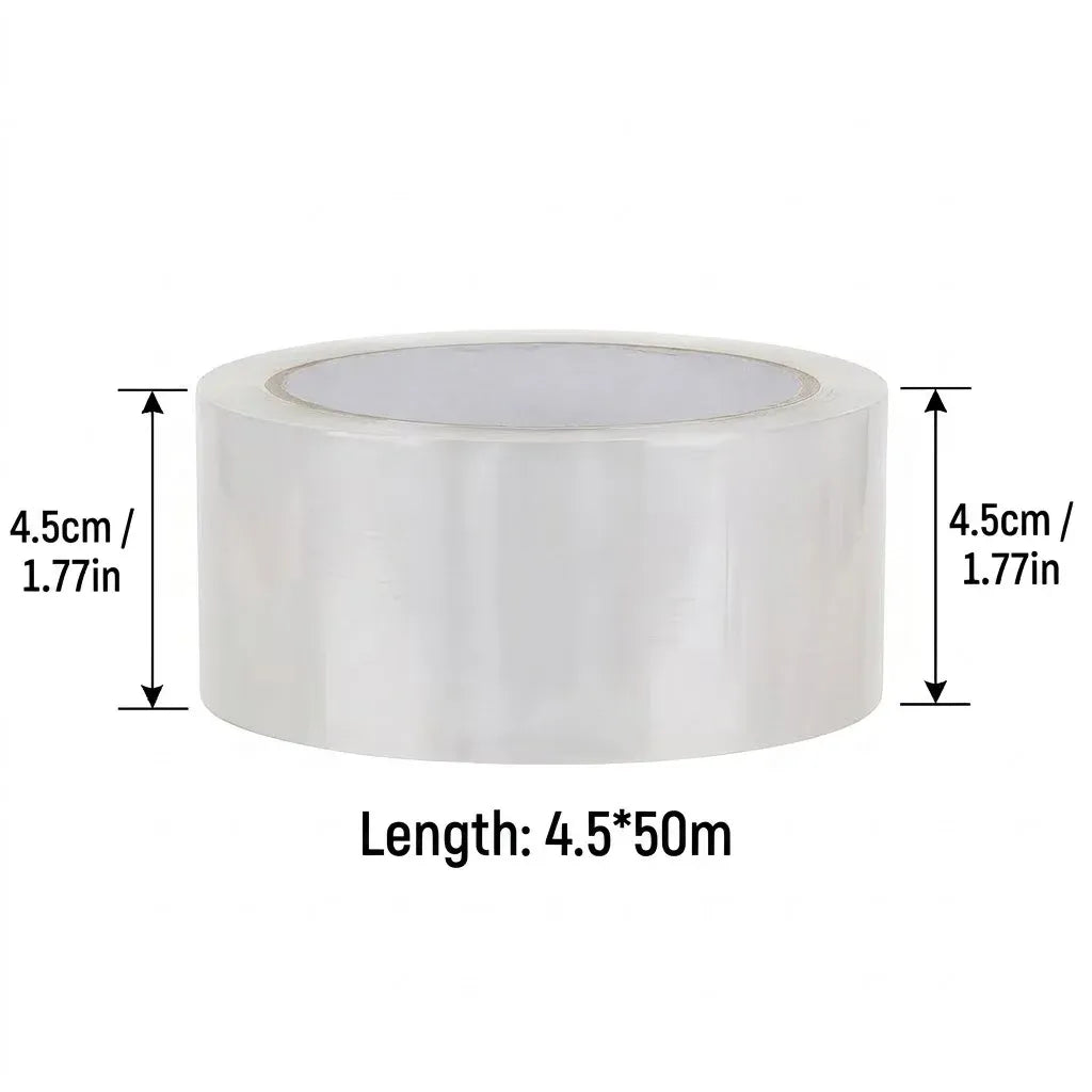 Clear BOPP packing tape roll with top view and size markings