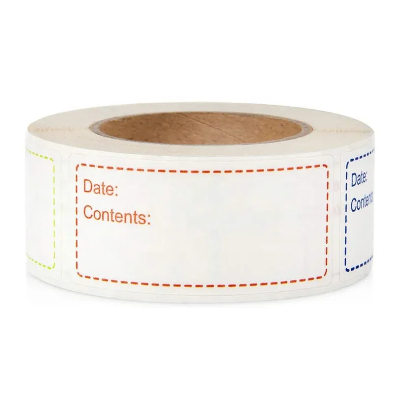 Roll of date and contents storage labels with multicolor dashed borders