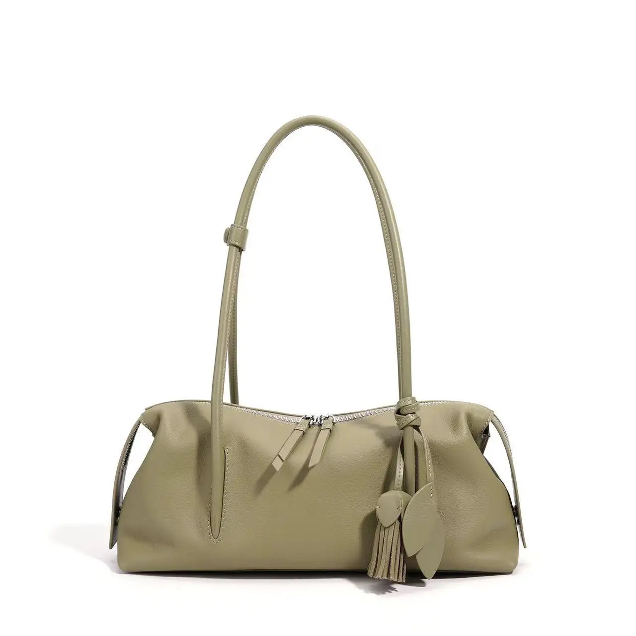 Sage green genuine cowhide leather underarm handbag with zipper closure and decorative tassel charm.
