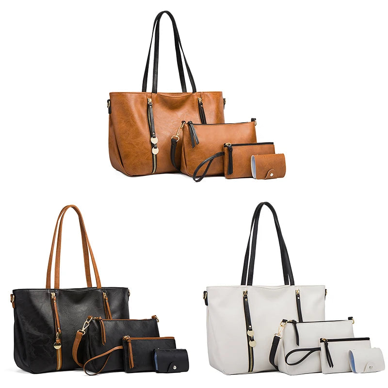 4-piece faux leather bag set: tote, crossbody, clutch, and wallet. Features zip accents and top handles in three colors.