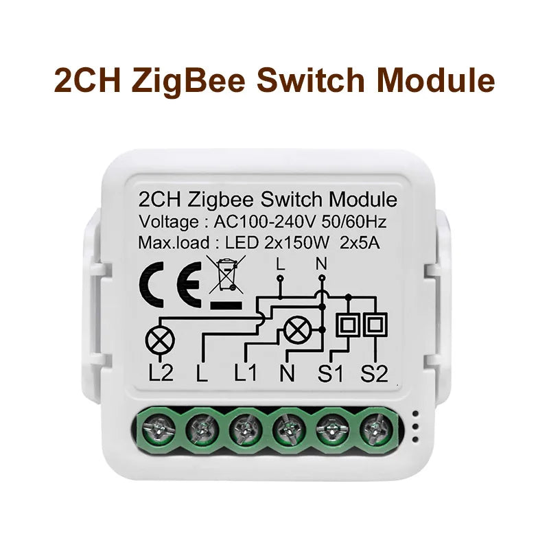 2CH ZigBee smart switch module with white case and green terminal block