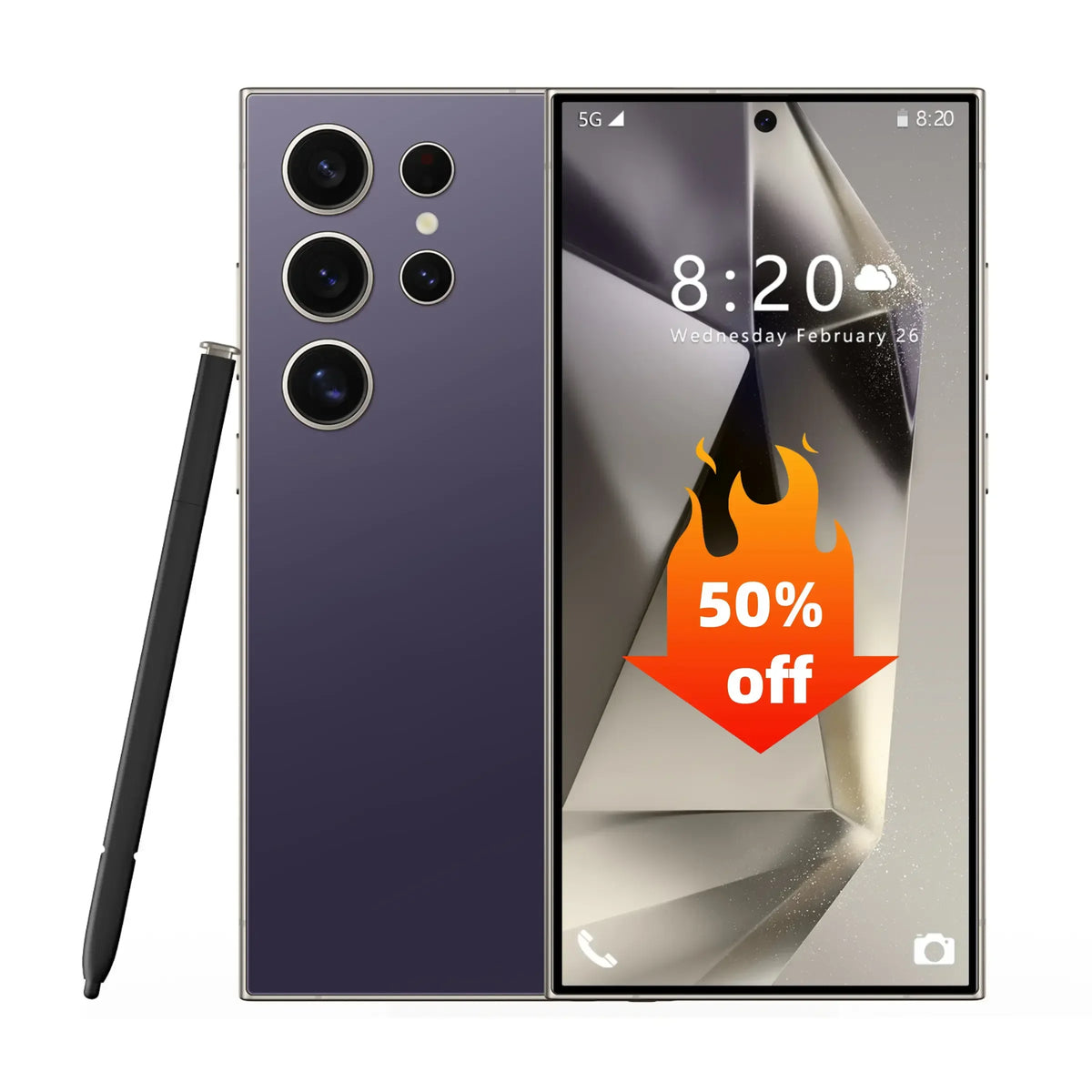 Deep purple 5G smartphone with quad rear cameras and stylus, front and back shown