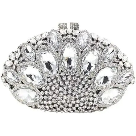 Silver luxury crystal clutch handbag, oval evening purse adorned with dazzling rhinestones and large faceted gems.
