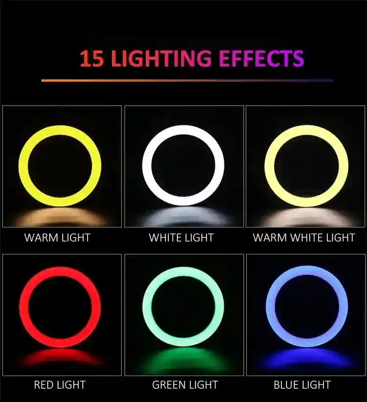Circular LED ring light showing various color and warmth settings, including white, red, green, blue, and warm tones.