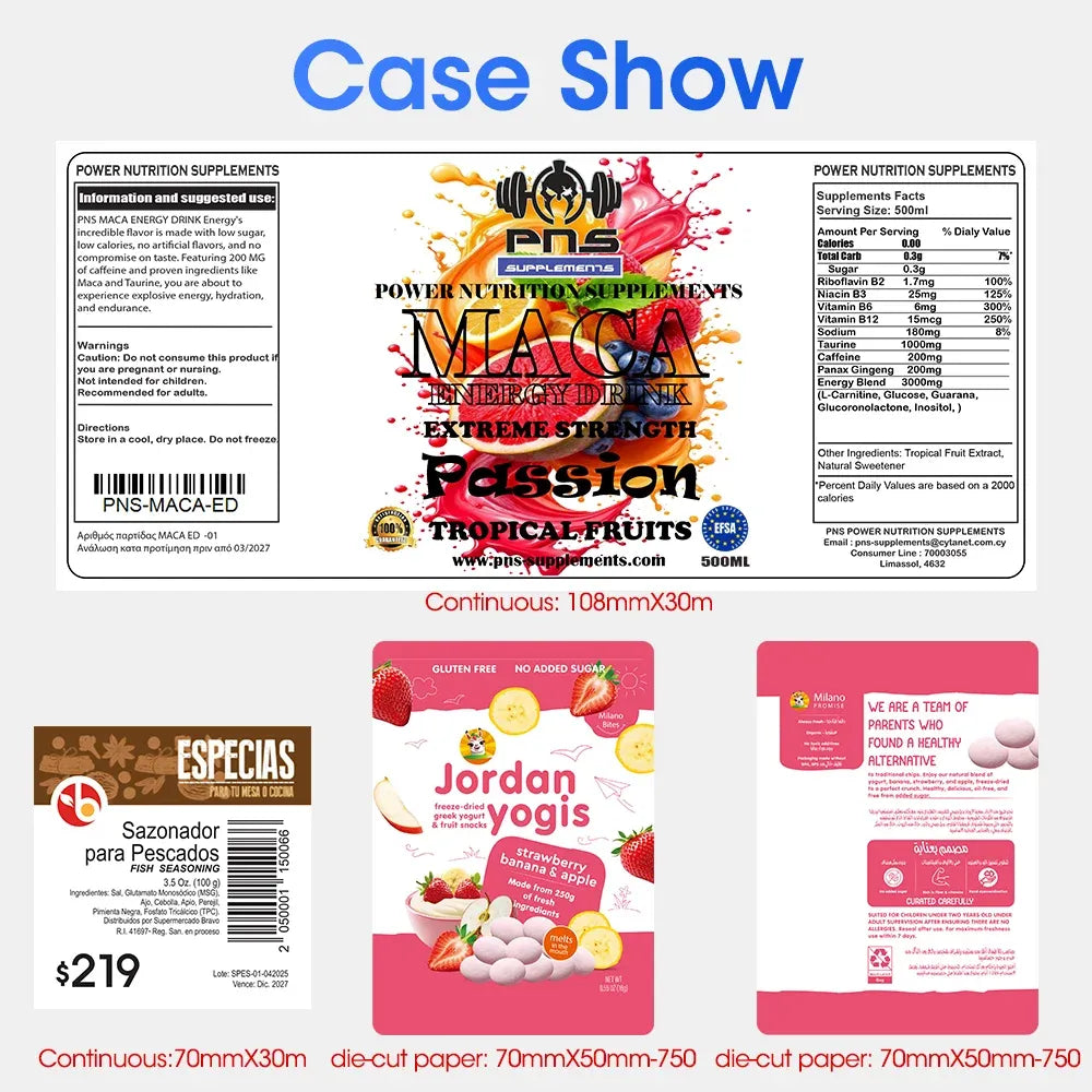 Printed self-adhesive label paper sheets laid out as examples