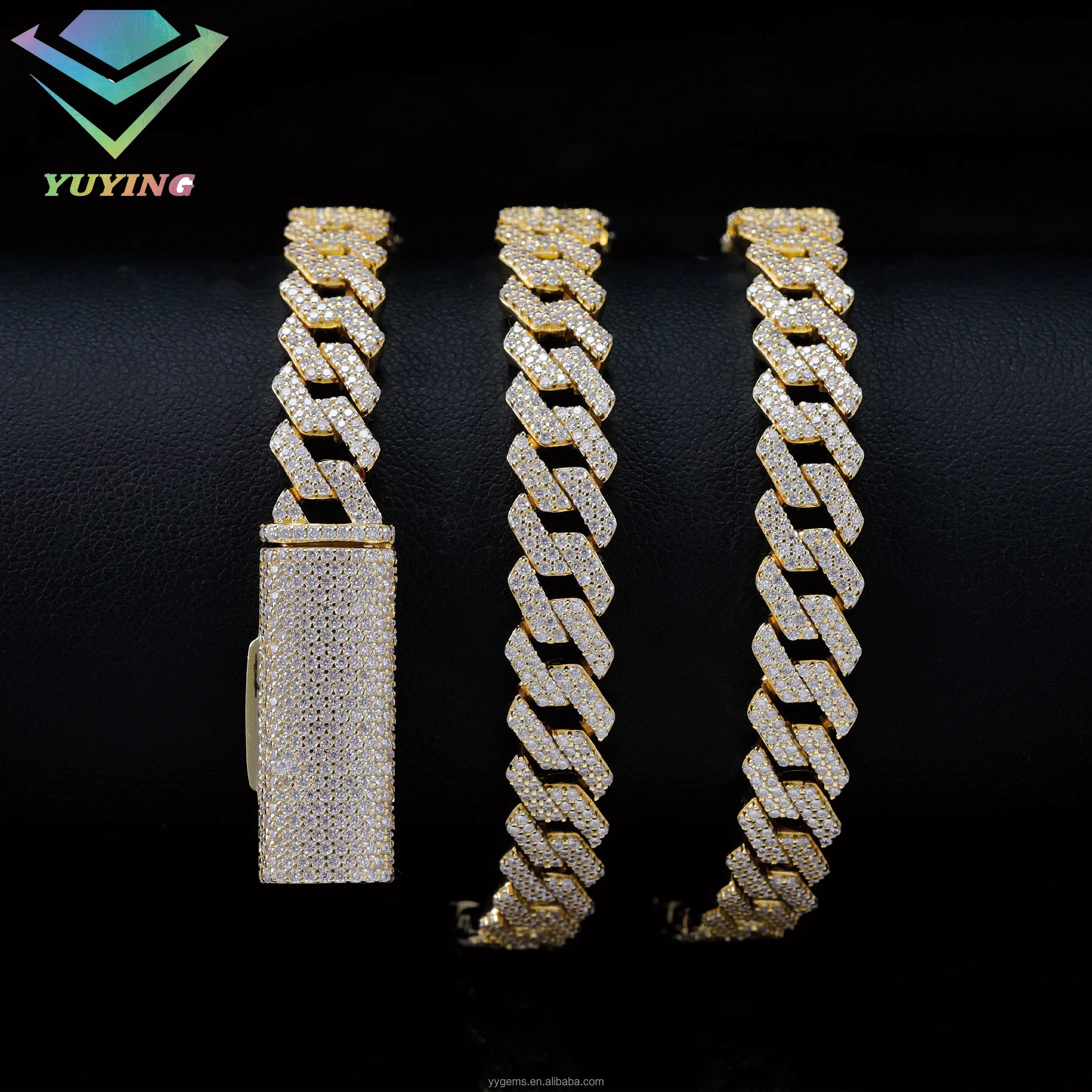 8mm-12mm Width 100% Pass Tester 18k Gold Plated 2rows VVS Moissanite  925 Silver Cuban Link Chain for Hip Hop Rapper Jewelry